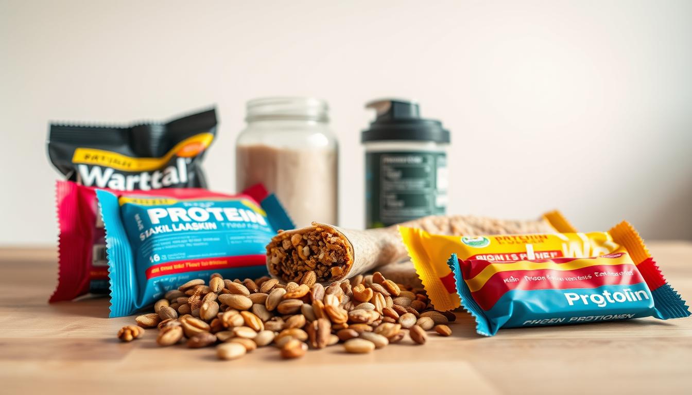 A close-up shot of an assortment of high-protein snacks arranged on a wooden table. In the foreground, several protein bars in vibrant packaging, alongside a handful of roasted nuts and seeds. In the middle ground, a glass jar filled with protein powder and a shaker bottle. The background features a clean, minimalist backdrop, allowing the snacks to take center stage. Soft, natural lighting creates a warm, inviting atmosphere, highlighting the texture and colors of the various elements. The overall composition conveys a sense of balance and healthfulness, perfectly suited to illustrate the theme of "Integrating High-Protein Snacks into a Weight Loss Journey".