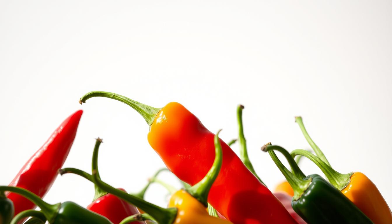 A close-up shot of various chili peppers in vibrant hues, their stems and leaves visible, arranged in a dynamic composition against a plain, minimalist background. The peppers are illuminated by soft, natural lighting from the side, casting subtle shadows and highlighting their textured surfaces. The image evokes a sense of energy and warmth, conveying the idea of these spicy, thermogenic ingredients and their potential to boost the fat-burning process.