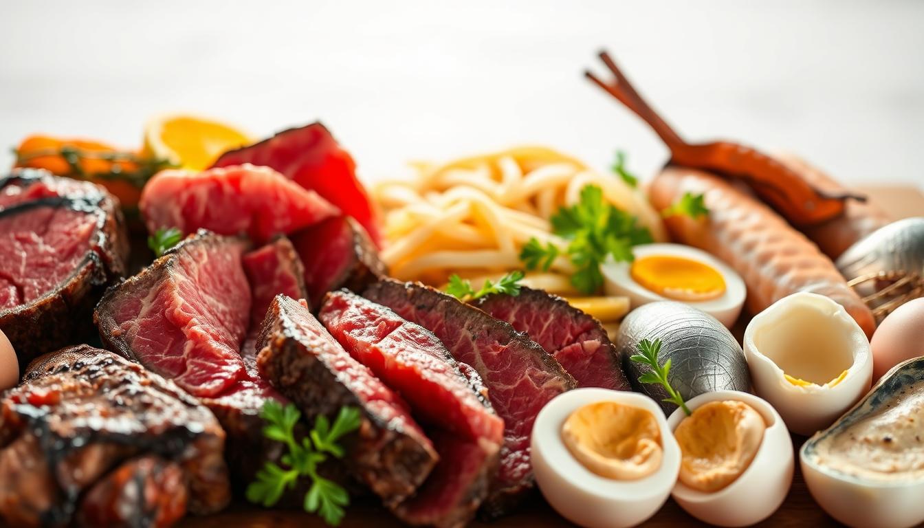 A close-up view of a diverse selection of nutrient-dense carnivore diet foods, including juicy steaks, fresh seafood, and creamy eggs, illuminated by warm, natural lighting. The rich, vibrant colors and textures of the meats and animal-sourced ingredients create a visually appealing, appetizing display against a clean, minimalist background. The overall composition and lighting emphasize the nourishing, wholesome nature of the carnivore diet, conveying its potential benefits for health and vitality.