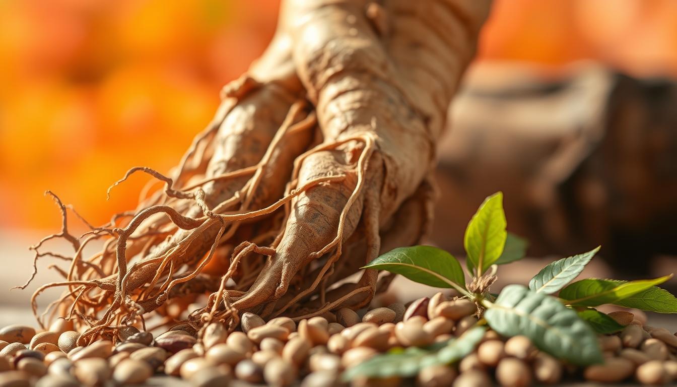 A close-up view of a fresh ginseng root, its gnarly fingers reaching upward against a vibrant, blurred background. The root is bathed in warm, natural lighting, its rich, earthy tones and intricate textures capturing the essence of this ancient adaptogenic herb. In the foreground, a scattering of ginseng leaves and seeds create a sense of depth and complexity, hinting at the plant's role in regulating appetite and promoting energy. The overall composition conveys a sense of vitality and the powerful, restorative properties of this revered botanical.
