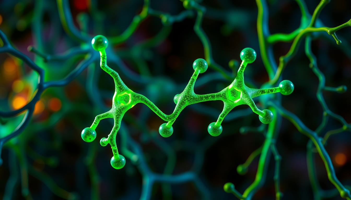 A close-up view of a glowing green and blue neuropeptide Y molecule, surrounded by a vibrant backdrop of neural pathways and synaptic connections. The molecular structure appears to twist and pulse, symbolizing its role in regulating appetite and energy balance. The lighting is dramatic, casting shadows that accentuate the intricate details of the neuropeptide's intricate chemical bonds. The overall composition suggests the powerful influence this hormone has on the body's hunger signals and metabolic processes.