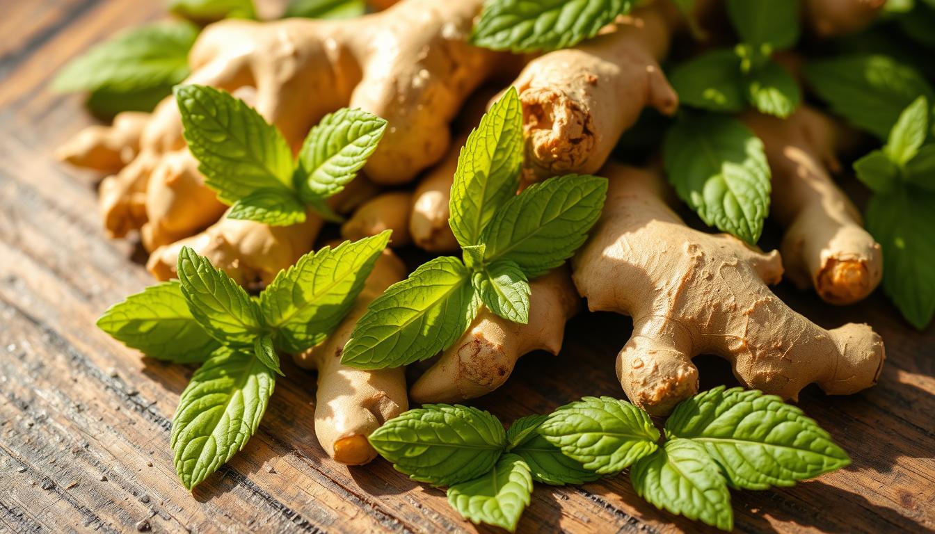 A close-up view of an assortment of ginger and mint leaves, fresh and fragrant, arranged on a wooden surface. The vibrant green and earthy tones of the ingredients are highlighted by soft, natural lighting from the side, casting subtle shadows and adding depth to the composition. The leaves appear crisp and inviting, evoking a sense of soothing digestive relief. The image has a calming, therapeutic atmosphere, showcasing the natural remedial properties of these ingredients.