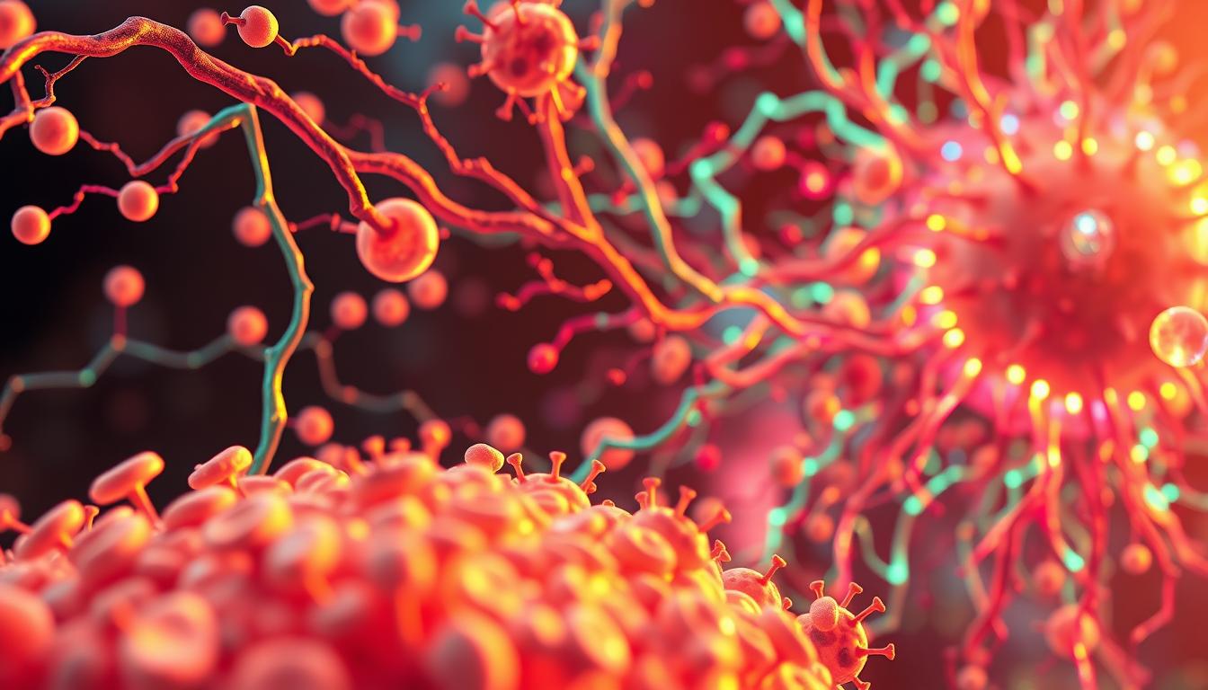 A close-up view of the human immune system in action, with vivid details showcasing the intricate dance of cells, proteins, and molecules. In the foreground, a cluster of white blood cells, their nuclei glowing with determination, engage in a fierce battle against invading pathogens. The middle ground reveals a network of lymphatic vessels, their intricate pathways pulsing with a vibrant neon-like energy, transporting the warrior cells to the site of infection. In the background, a tapestry of cytokines and antibodies, rendered in a kaleidoscope of colors, weave a protective shield around the body, radiating a sense of resilience and vitality. The scene is bathed in a warm, diffused light, conveying the intricate and vital nature of the immune response. A close-up view of the human immune system in action, with vivid details showcasing the intricate dance of cells, proteins, and molecules. In the foreground, a cluster of white blood cells, their nuclei glowing with determination, engage in a fierce battle against invading pathogens. The middle ground reveals a network of lymphatic vessels, their intricate pathways pulsing with a vibrant neon-like energy, transporting the warrior cells to the site of infection. In the background, a tapestry of cytokines and antibodies, rendered in a kaleidoscope of colors, weave a protective shield around the body, radiating a sense of resilience and vitality. The scene is bathed in a warm, diffused light, conveying the intricate and vital nature of the immune response.
