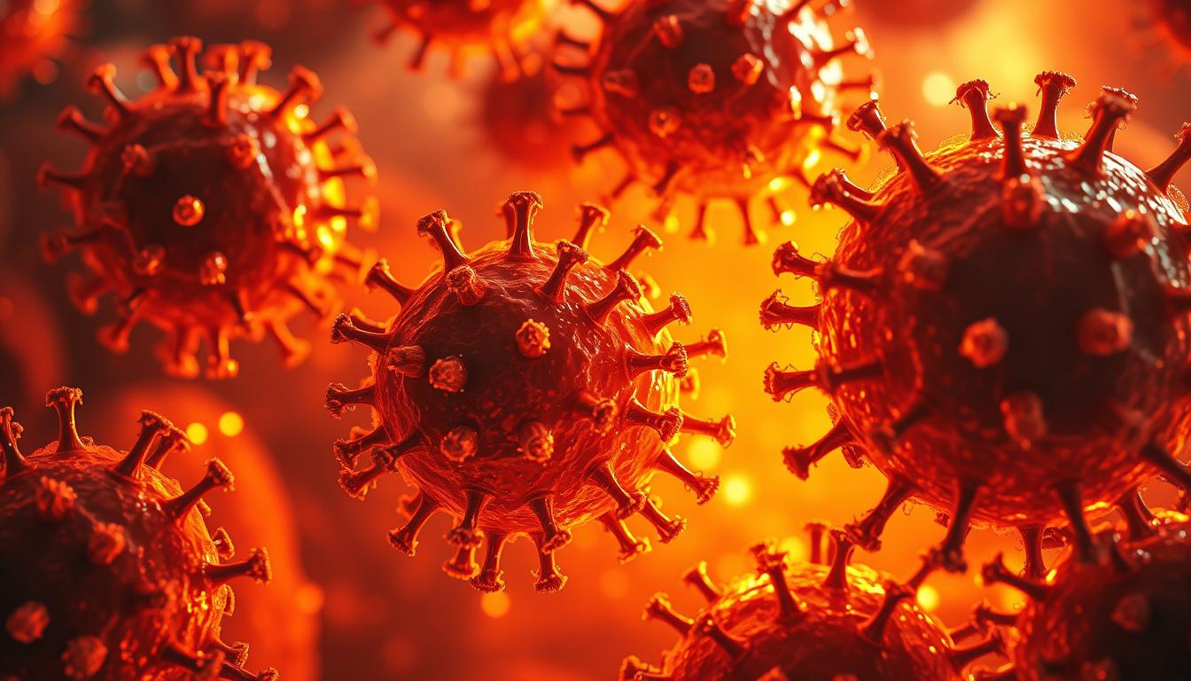 A close-up view of vibrant, glowing immune cells surrounded by a shimmering, golden haze. The cells are meticulously detailed, their surfaces textured with intricate patterns like chains of proteins. They appear to be in motion, their membranes undulating as they interact with the surrounding environment. The lighting is dramatic, with warm, dynamic shadows casting an epic, cinematic mood. The background is hazy and out of focus, emphasizing the importance of the central immune cells and their role in the body's defense mechanisms. This scene captures the powerful, dynamic nature of glutathione's impact on the immune system and inflammation.