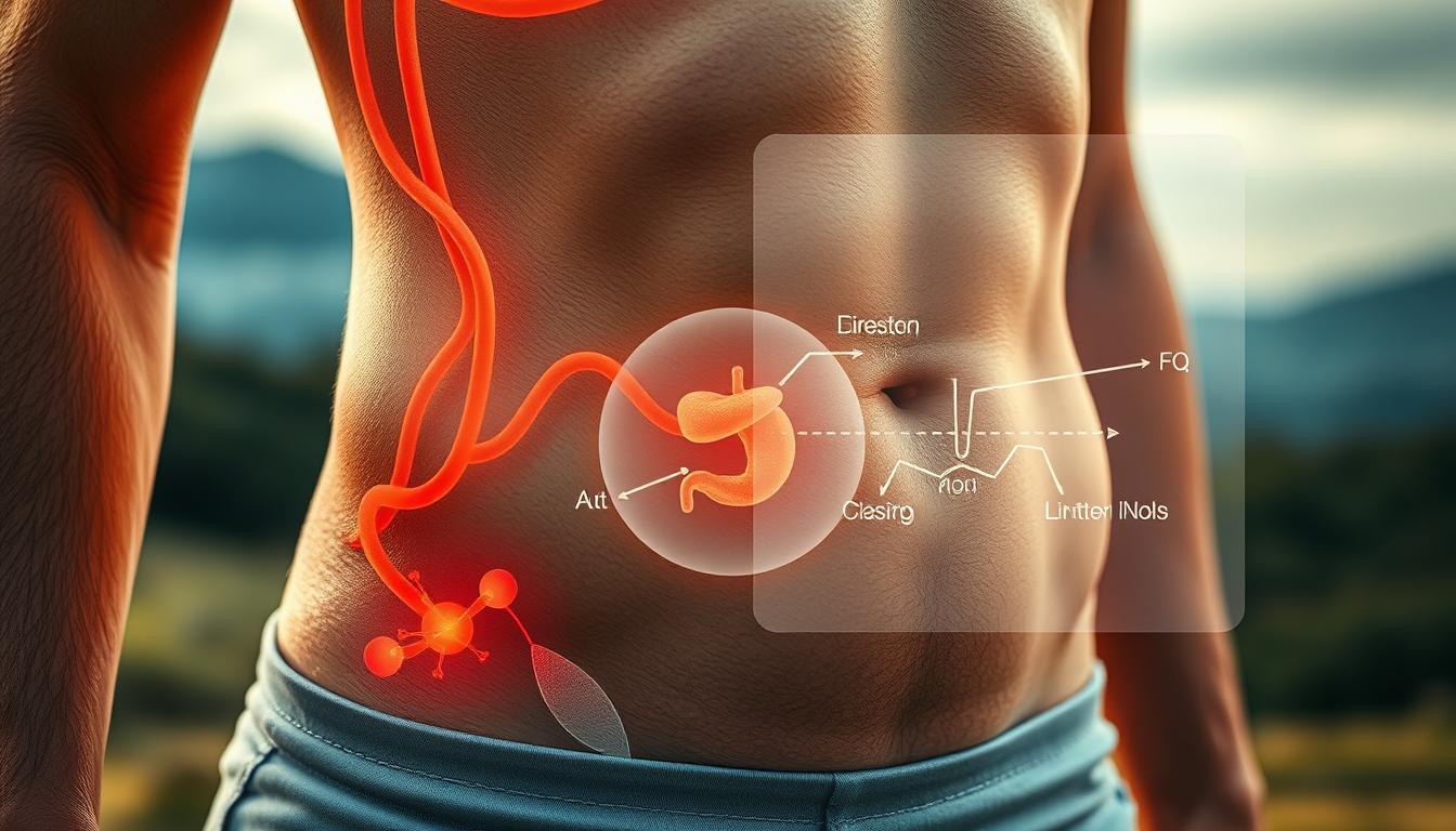 A closeup, high-detail image of a person's abdomen and lower torso, with a focus on the metabolic processes occurring within. The scene is illuminated by a warm, soft light, creating a natural, organic atmosphere. The skin tones are realistic, with visible pores and subtle variations. In the foreground, a stylized representation of the circulatory system, digestive tract, and fat cells are superimposed, glowing with a vibrant, almost bioluminescent energy. The middle ground features a translucent, layered diagram of the key metabolic pathways responsible for fat burning, depicted in a clean, scientific style. The background is a blurred, out-of-focus landscape, suggesting the interconnectedness of the body's systems with the natural world.