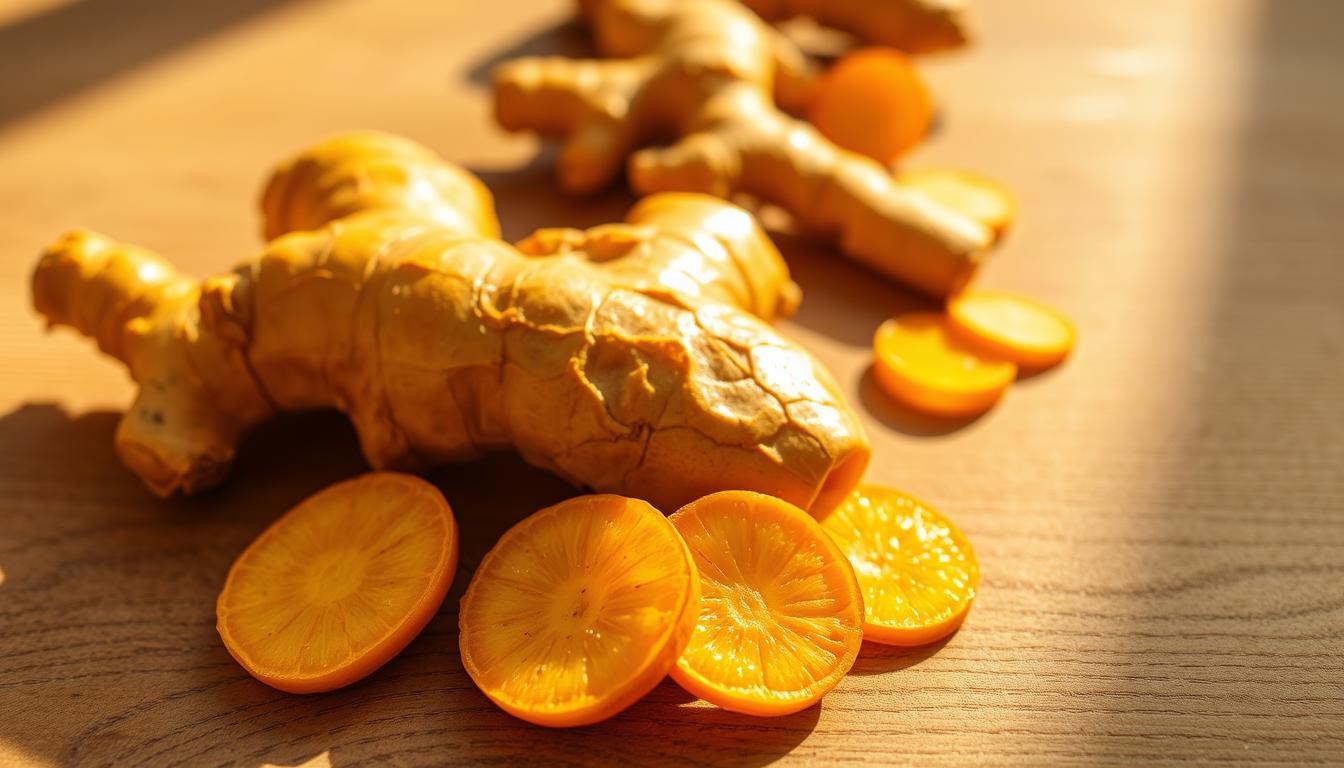 A closeup of fresh, vibrant ginger root on a wooden table, casting warm, golden shadows. The ginger's knotted, orange-hued skin glistens under soft, diffused lighting, highlighting its intricate texture. In the foreground, several slices of ginger are arranged artfully, showcasing the root's distinct rhizome structure. Behind, a handful of whole ginger pieces are scattered, creating a layered, natural composition. The overall scene evokes a sense of wellness and herbal vitality, perfectly capturing the essence of ginger as a potent, warming ingredient for weight management.