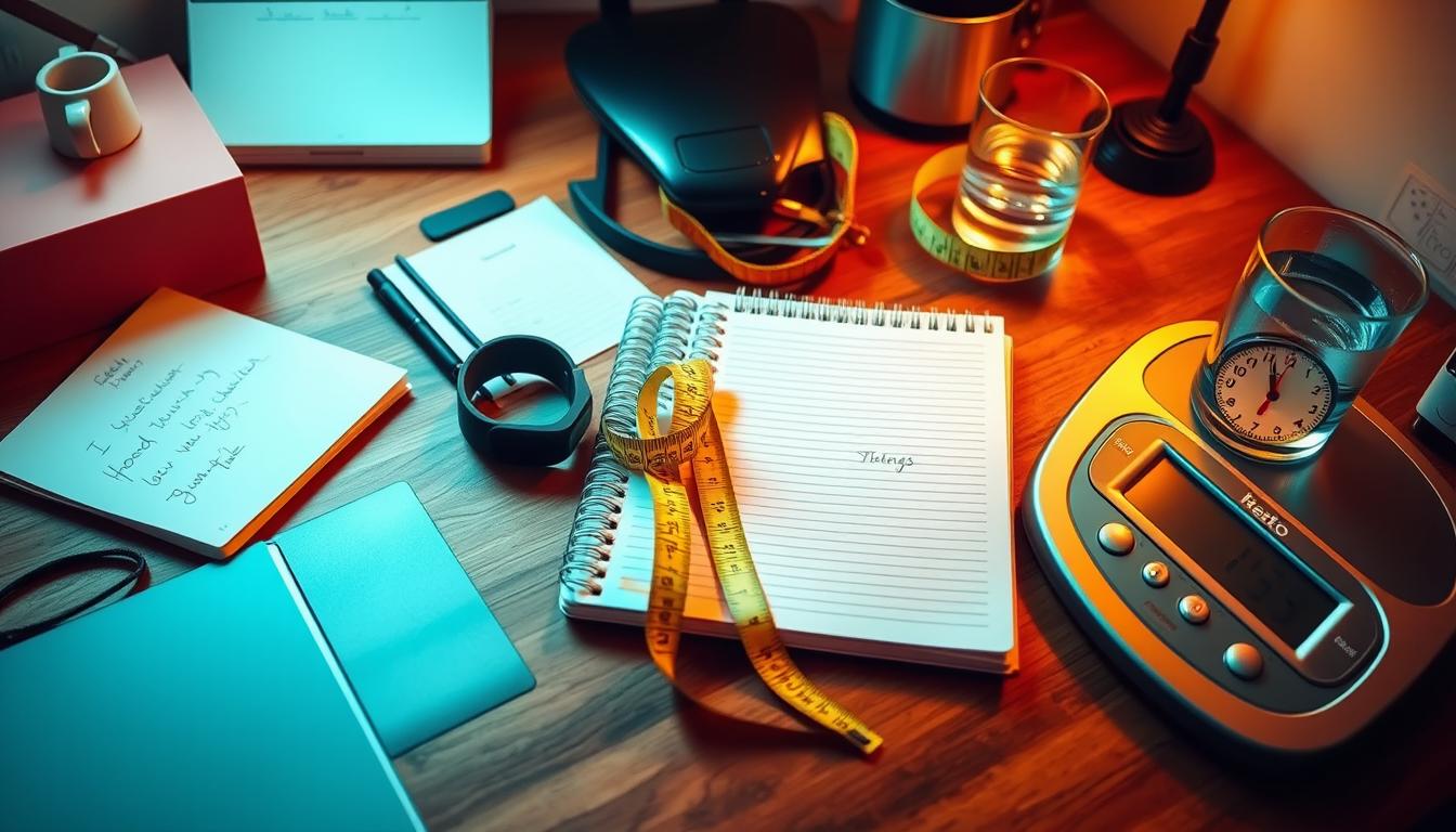 A cluttered desk with various keto progress tracking tools and methods laid out neatly - a digital fitness tracker, a food journal, a tape measure, a digital weight scale, and a glass of water. The lighting is bright and vibrant, casting a warm glow on the scene. The image is shot from a high angle, conveying a sense of organization and control over one's keto journey. The overall mood is focused and determined, reflecting the importance of tracking progress to maintain motivation and success on the keto diet.
