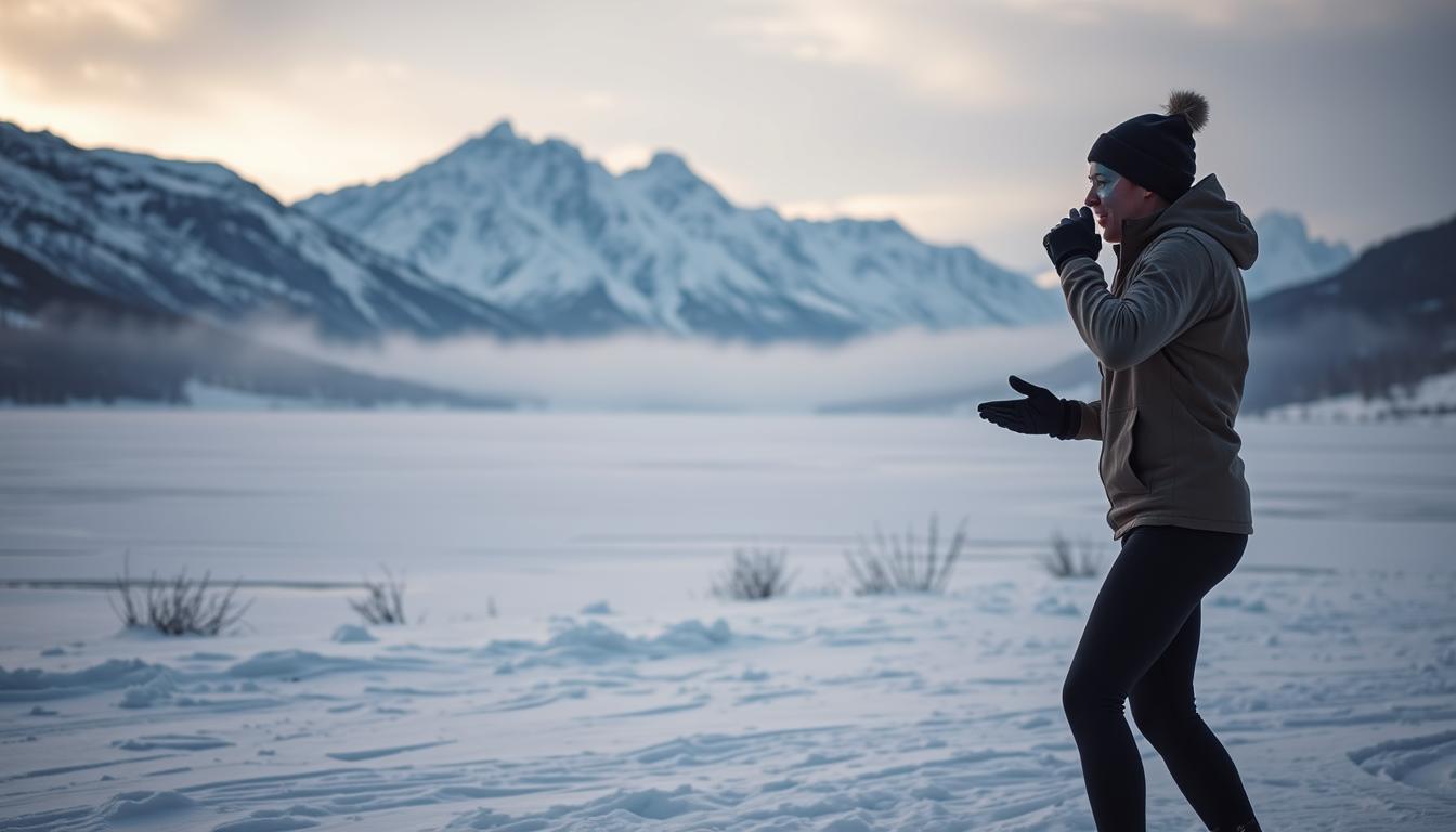 A cold winter morning in a serene, snow-covered landscape. In the foreground, a person dressed in warm athletic gear performs a series of dynamic exercises, their breath visible in the crisp air. The middle ground reveals a frozen lake, its surface reflecting the soft, diffused light of the overcast sky. In the background, towering, snow-capped mountains loom, creating a vibrant, dramatic backdrop. The scene exudes a sense of invigorating energy and the promise of a metabolic boost through the power of cold exposure.