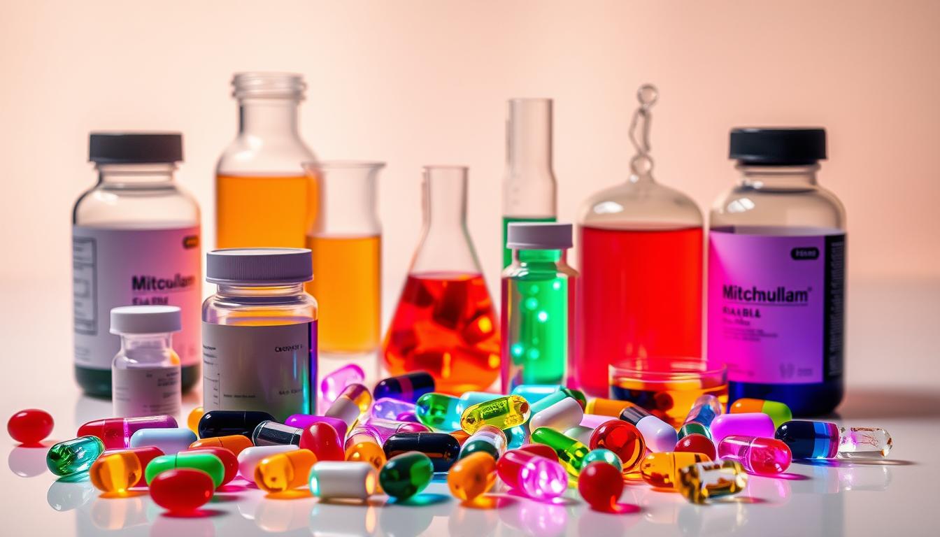 A collection of vibrant, glowing mitochondrial supplements arranged in a visually striking still life. The foreground features a variety of colorful capsules, tablets, and softgels, each representing a different nutrient or compound essential for mitochondrial function. The middle ground showcases glass beakers and test tubes filled with liquids in various shades of amber and emerald, hinting at the complex biochemical processes occurring within the organelles. The background is a clean, minimalist studio setting, with soft, directional lighting casting a warm, energizing glow over the scene, emphasizing the vitality and potency of the mitochondrial supplements.
