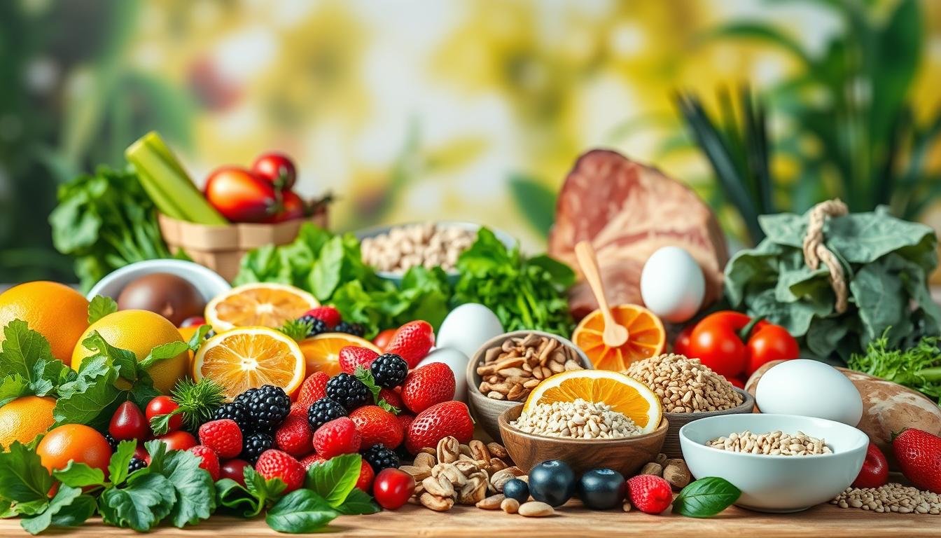 A colorful and visually appealing still life scene depicting a balanced diet for sustained energy. In the foreground, an arrangement of fresh fruits and vegetables including leafy greens, berries, citrus, and whole grains. In the middle ground, various protein sources such as eggs, nuts, and lean meats. In the background, a vibrant and natural backdrop with hints of greenery and warm, natural lighting creating a serene, healthy atmosphere. The overall composition is visually striking, with a focus on the vibrant colors and textures of the healthy food items. The scene conveys a sense of balance, vitality, and wholesome nourishment. A colorful and visually appealing still life scene depicting a balanced diet for sustained energy. In the foreground, an arrangement of fresh fruits and vegetables including leafy greens, berries, citrus, and whole grains. In the middle ground, various protein sources such as eggs, nuts, and lean meats. In the background, a vibrant and natural backdrop with hints of greenery and warm, natural lighting creating a serene, healthy atmosphere. The overall composition is visually striking, with a focus on the vibrant colors and textures of the healthy food items. The scene conveys a sense of balance, vitality, and wholesome nourishment.