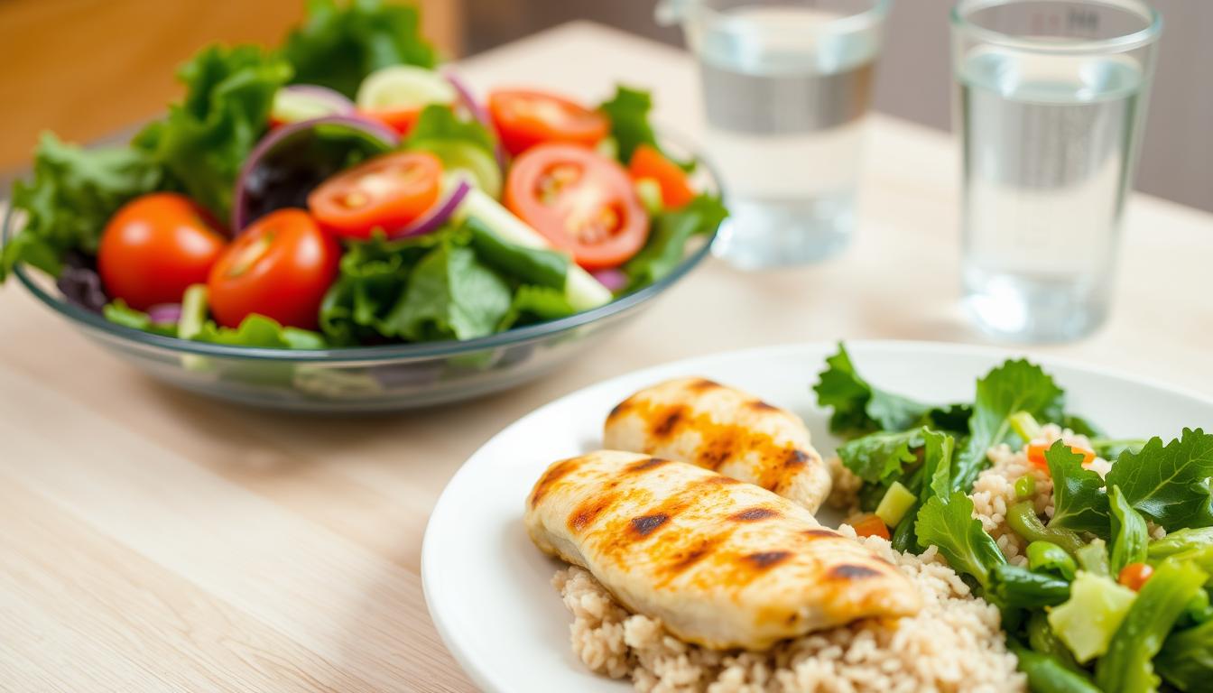 A colorful table setting with carefully portioned servings of various healthy foods. In the foreground, a plate with neatly arranged portions of grilled chicken, steamed vegetables, and a small serving of whole grain rice, conveying the idea of balanced, nutrient-dense meals. The middle ground features a vibrant salad with a variety of fresh greens, tomatoes, and a light vinaigrette dressing. In the background, a glass of water and a set of measuring cups, emphasizing the importance of portion control and mindful eating. The scene is well-lit, with a warm, inviting atmosphere that encourages a healthy, sustainable approach to weight management. A colorful table setting with carefully portioned servings of various healthy foods. In the foreground, a plate with neatly arranged portions of grilled chicken, steamed vegetables, and a small serving of whole grain rice, conveying the idea of balanced, nutrient-dense meals. The middle ground features a vibrant salad with a variety of fresh greens, tomatoes, and a light vinaigrette dressing. In the background, a glass of water and a set of measuring cups, emphasizing the importance of portion control and mindful eating. The scene is well-lit, with a warm, inviting atmosphere that encourages a healthy, sustainable approach to weight management.