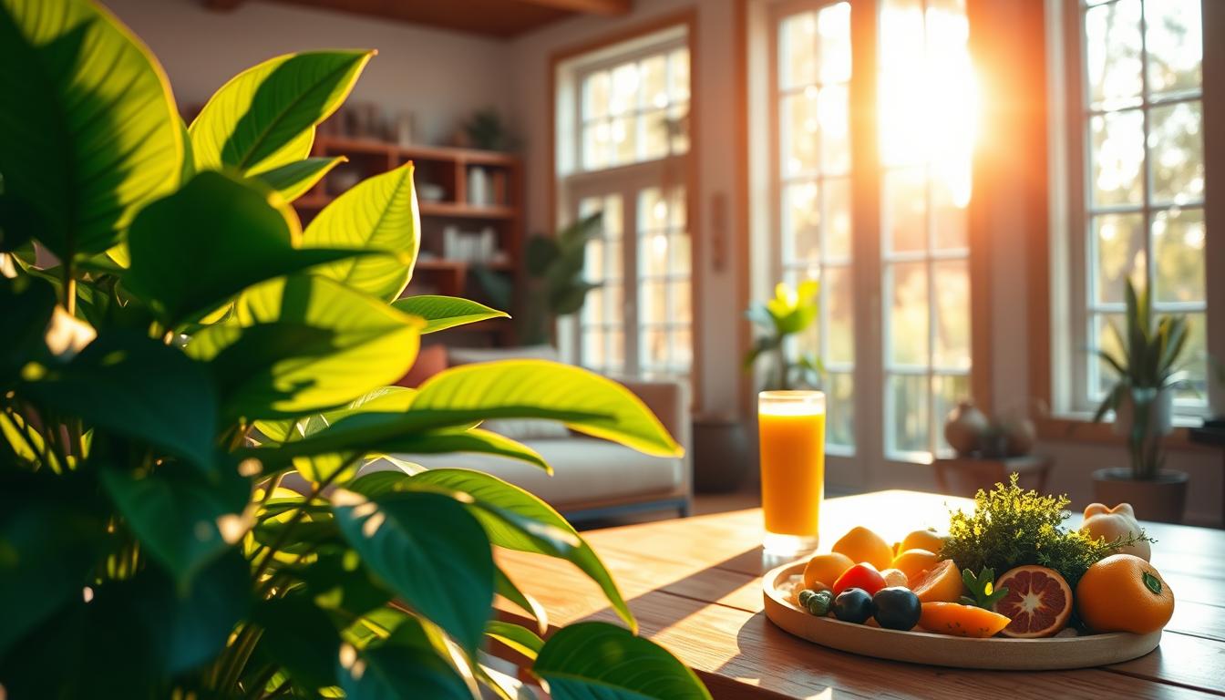 A cozy and inviting home interior, bathed in warm, vibrant lighting. The foreground features a large, healthy houseplant, its lush green leaves gently swaying. In the middle ground, a wooden table holds a glass of fresh juice and a plate of nutrient-rich fruits and vegetables. The background showcases floor-to-ceiling windows, allowing natural daylight to flood the space and creating a serene, nature-inspired ambiance. The overall scene exudes a sense of balance, harmony, and a focus on supporting mitochondrial health through a nourishing, vibrant home environment.