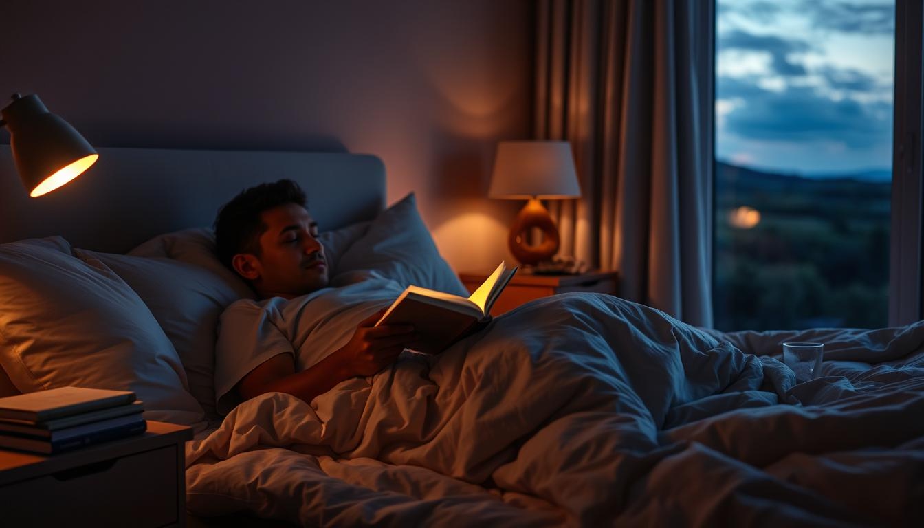 A cozy bedroom at dusk, soft ambient lighting casts a warm glow. In the foreground, a person sits upright in bed, intently reading a book, their face illuminated by the glow of a bedside lamp. Plush bedding and pillows surround them, creating a sense of comfort and relaxation. The middle ground features a wooden nightstand with a small stack of books, a glass of water, and a reading lamp. In the background, the room fades into a vibrant, serene landscape visible through the window, hinting at the tranquility of the evening. The overall mood is one of peaceful contemplation and healthy, vibrant well-being.