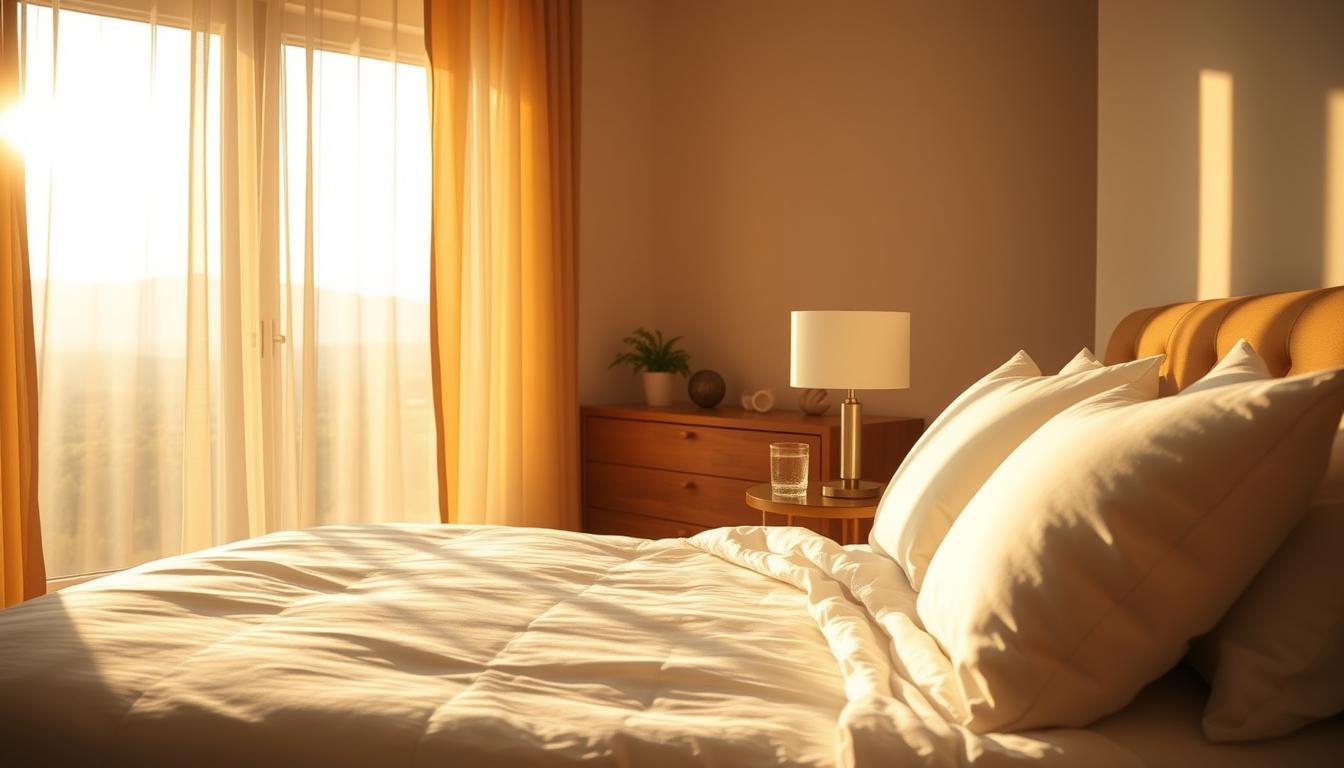 A cozy bedroom bathed in warm, golden light filters through sheer curtains, casting a serene glow. In the foreground, a plush, inviting bed with crisp white linens and a fluffy duvet beckons for a peaceful slumber. Soft pillows and a nightstand with a sleek lamp and a glass of water add to the tranquil atmosphere. The middle ground features a minimalist wooden dresser and a potted plant, while the background showcases a tranquil landscape visible through the window, hinting at the restorative power of nature. The overall mood is one of vibrant, rejuvenating rest, capturing the essence of quality sleep. A cozy bedroom bathed in warm, golden light filters through sheer curtains, casting a serene glow. In the foreground, a plush, inviting bed with crisp white linens and a fluffy duvet beckons for a peaceful slumber. Soft pillows and a nightstand with a sleek lamp and a glass of water add to the tranquil atmosphere. The middle ground features a minimalist wooden dresser and a potted plant, while the background showcases a tranquil landscape visible through the window, hinting at the restorative power of nature. The overall mood is one of vibrant, rejuvenating rest, capturing the essence of quality sleep.