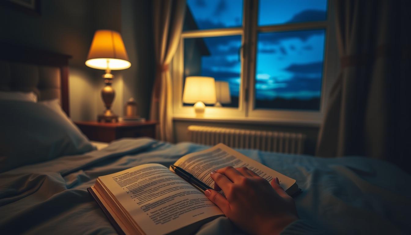 A cozy bedroom, dimly lit by a soft bedside lamp. On the nightstand, an open journal and a pen, inviting contemplation. In the foreground, a woman's hands gently resting on the pages, ready to capture the day's reflections. The room is enveloped in a vibrant, soothing atmosphere, creating a serene and introspective mood. The window overlooking a tranquil night sky, hinting at the calming transition from day to night. A moment of quiet self-reflection, a ritual to wind down and prepare for a restful sleep.