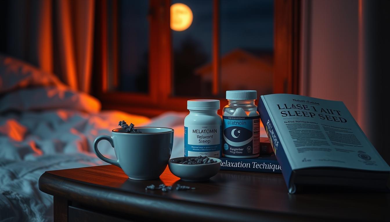 A cozy, dimly-lit bedroom scene with a nightstand featuring an arrangement of natural sleep aids: a cup of herbal tea, a small bowl of dried lavender, a jar of melatonin supplements, and a book on relaxation techniques. The window in the background reveals a moonlit landscape, conveying a sense of tranquility. The overall mood is one of relaxation and comfort, inviting the viewer to unwind and find natural solutions to ease anxiety and promote restful sleep. The lighting is soft and warm, creating a vibrant yet calming atmosphere.