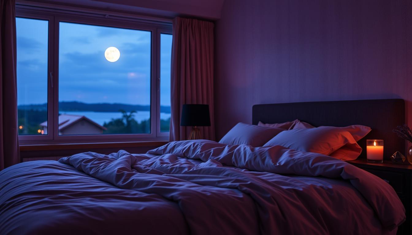 A cozy, dimly-lit bedroom with a plush, inviting bed at the center. Soft, ambient lighting casts a warm glow, creating a soothing, relaxing atmosphere. On the bedside table, a candle flickers, filling the air with the gentle fragrance of lavender. Luxurious, high-thread-count sheets in a vibrant, calming color palette envelop the bed, beckoning for a restful slumber. In the background, a large window overlooks a peaceful, moonlit landscape, hinting at the tranquility to come. The overall scene exudes a sense of comfort and serenity, an ideal setting for an evening wind-down routine.