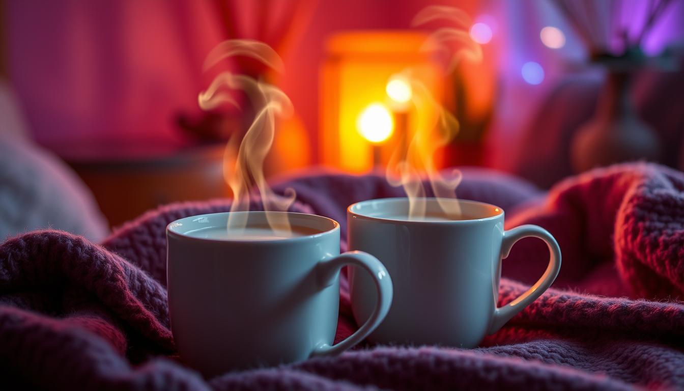 A cozy evening scene with a close-up of two steaming mugs of soothing beverages set against a vibrant, dimly lit background. The mugs are filled with a calming herbal tea or warm milk, their aromatic steam curling upwards. Soft, ambient lighting creates a serene, inviting atmosphere, with hints of plush textiles and natural elements like wood or stone in the surrounding space. The beverages are the focal point, exuding a sense of comfort and relaxation that would pair perfectly with a pre-bedtime ritual.