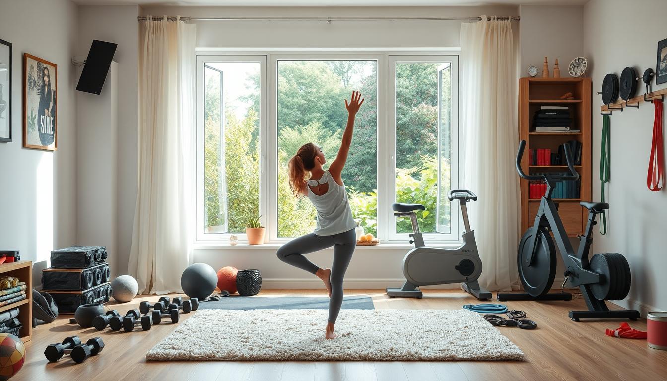 A cozy home gym filled with natural light, showcasing a variety of accessible fitness equipment and routines. In the foreground, a person performs a simple yoga pose on a plush rug, their movements fluid and graceful. Surrounding them, an array of dumbbells, resistance bands, and a sleek exercise bike, all arranged in a visually appealing manner. In the middle ground, a large window overlooks a lush, vibrant garden, creating a sense of serenity and connection to nature. The overall atmosphere is one of simplicity, comfort, and a genuine commitment to a healthier lifestyle. A cozy home gym filled with natural light, showcasing a variety of accessible fitness equipment and routines. In the foreground, a person performs a simple yoga pose on a plush rug, their movements fluid and graceful. Surrounding them, an array of dumbbells, resistance bands, and a sleek exercise bike, all arranged in a visually appealing manner. In the middle ground, a large window overlooks a lush, vibrant garden, creating a sense of serenity and connection to nature. The overall atmosphere is one of simplicity, comfort, and a genuine commitment to a healthier lifestyle.