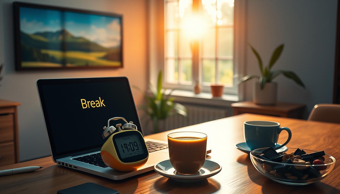 A cozy home office, bathed in warm, vibrant lighting. On the desk, a laptop and a timer ticking away, signaling a Pomodoro break. Alongside, a fresh cup of coffee and a bowl of healthy snacks - perhaps some nuts, berries, and dark chocolate. In the background, a calming landscape painting or a window overlooking a verdant garden, evoking a sense of tranquility. The scene exudes focus and productivity, with subtle personal touches that make the space feel inviting and conducive to recharging during those essential midday pauses. A cozy home office, bathed in warm, vibrant lighting. On the desk, a laptop and a timer ticking away, signaling a Pomodoro break. Alongside, a fresh cup of coffee and a bowl of healthy snacks - perhaps some nuts, berries, and dark chocolate. In the background, a calming landscape painting or a window overlooking a verdant garden, evoking a sense of tranquility. The scene exudes focus and productivity, with subtle personal touches that make the space feel inviting and conducive to recharging during those essential midday pauses.