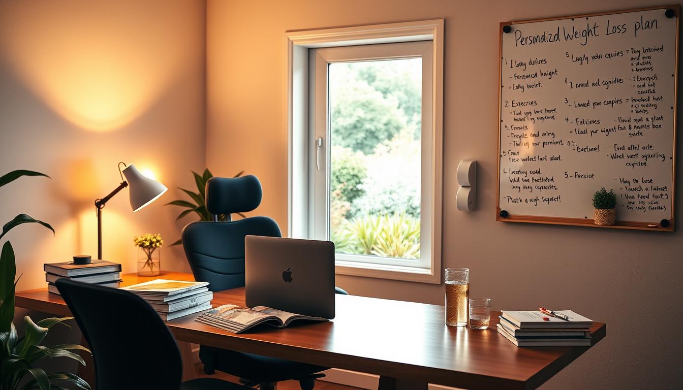 A cozy home office with a large wooden desk, a comfortable ergonomic chair, and a wall-mounted whiteboard. On the desk, a laptop, a stack of personalized weight loss guides, and a glass of infused water. Soft, warm lighting illuminates the space, creating a serene and productive atmosphere. The whiteboard is filled with handwritten notes, exercise routines, and motivational phrases. Through the window, a vibrant garden can be seen, reflecting the harmony between the mind-body connection and a personalized weight loss plan.