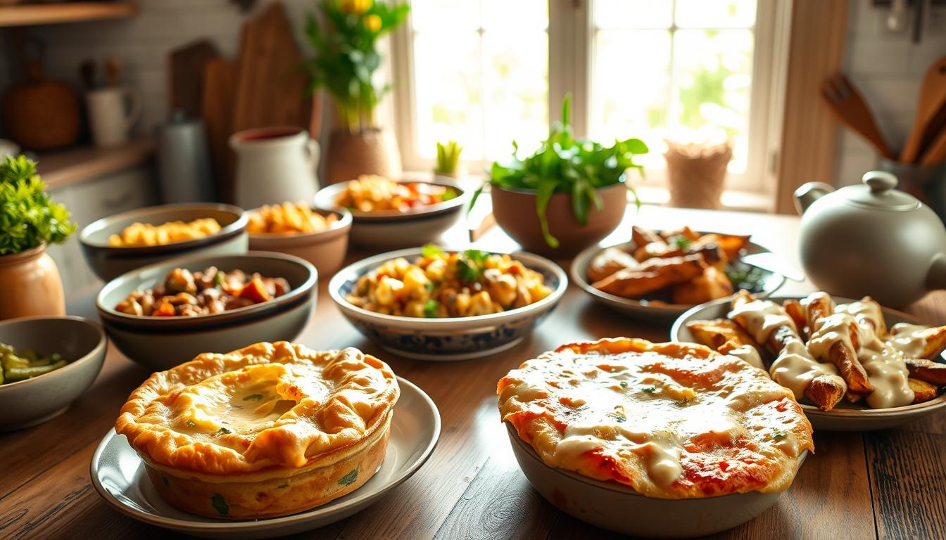 A cozy, inviting kitchen setting filled with an assortment of vegetarian comfort food dishes. In the foreground, a platter featuring a hearty vegetable pot pie, its golden, flaky crust glistening under soft, warm lighting. Surrounding it, an array of vibrant, plant-based dishes - a creamy, saucy mac and cheese, a steaming bowl of lentil stew, and a colorful plate of roasted vegetables drizzled with a creamy cashew-based sauce. In the middle ground, a wooden table with rustic charm, set with simple, earth-toned dishware. The background features a bright, airy window overlooking a lush, verdant garden, casting a natural, vibrant glow on the scene. An inviting, comforting atmosphere that captures the essence of vegetarian comfort food makeovers.