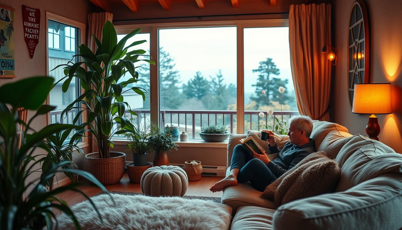 A cozy, inviting living room with plush, comfortable furniture, warm lighting, and an abundance of plants and natural textures. In the foreground, a person relaxes on a soft sofa, reading a book and sipping a warm beverage. The middle ground features a large, vibrant houseplant, adding a lush, calming presence. The background showcases a scenic window view, revealing a serene outdoor landscape with trees and a calming sky. The overall mood is one of tranquility, self-care, and a supportive environment that encourages mindfulness and emotional well-being. A cozy, inviting living room with plush, comfortable furniture, warm lighting, and an abundance of plants and natural textures. In the foreground, a person relaxes on a soft sofa, reading a book and sipping a warm beverage. The middle ground features a large, vibrant houseplant, adding a lush, calming presence. The background showcases a scenic window view, revealing a serene outdoor landscape with trees and a calming sky. The overall mood is one of tranquility, self-care, and a supportive environment that encourages mindfulness and emotional well-being.