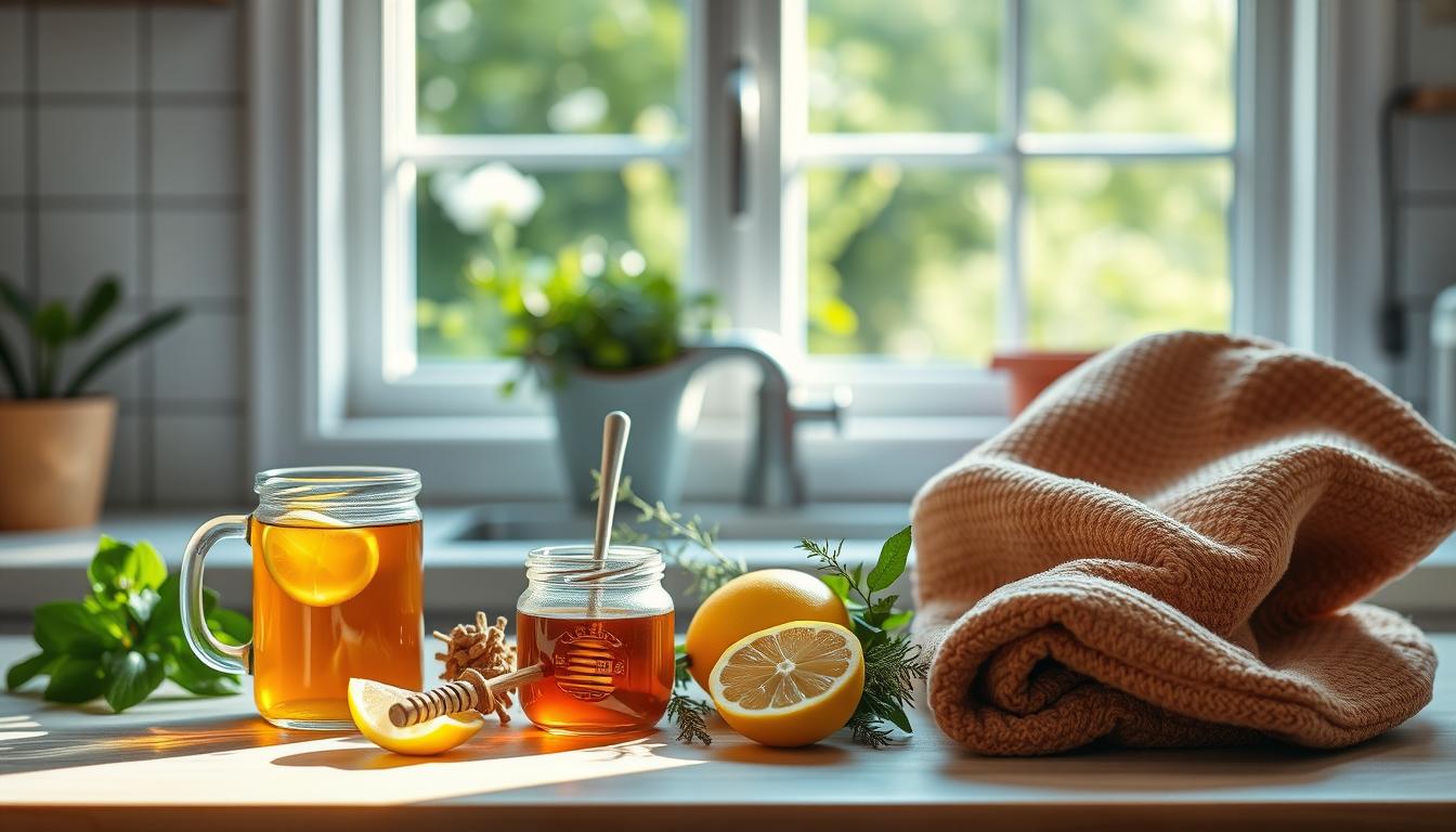 A cozy kitchen counter filled with an assortment of natural remedies for post-vaccination recovery - freshly brewed herbal tea, a jar of honey, a slice of lemon, a bundle of soothing herbs, and a warm heating pad. Soft, natural lighting illuminates the scene, creating a comforting and inviting atmosphere. In the background, a window overlooks a lush, verdant garden, adding to the sense of tranquility and healing. The image conveys a practical, effective, and holistic approach to managing post-vaccination symptoms through simple, time-honored home remedies.
