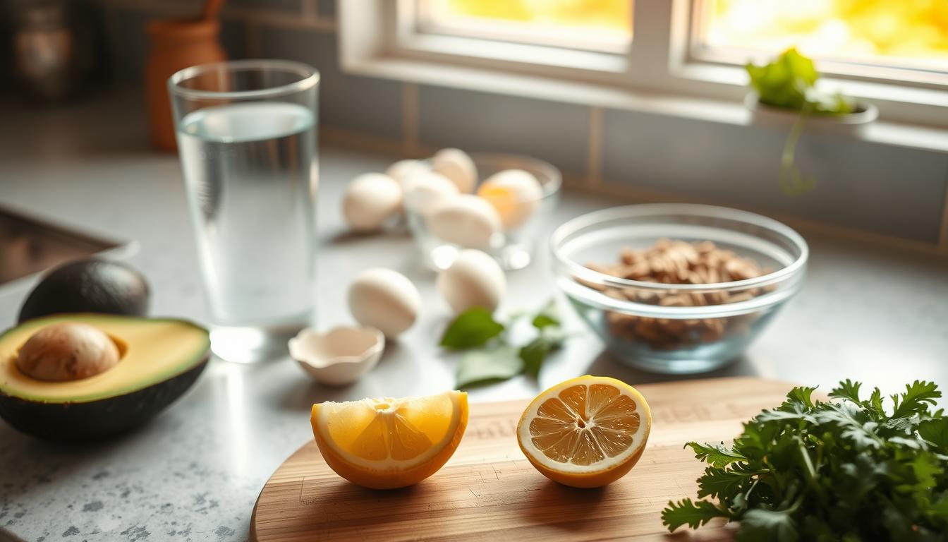 A cozy kitchen counter, its surface adorned with an array of keto-friendly ingredients - avocados, eggs, leafy greens, and a glass of water. Warm, natural lighting from a nearby window casts a soft glow, illuminating the scene. In the foreground, a cutting board holds a freshly sliced lemon, its vibrant yellow hue adding a vibrant touch. In the background, a glass bowl filled with nuts and seeds sits atop the counter, ready to be incorporated into a nutritious meal. The overall atmosphere is one of tranquility and preparation, setting the stage for a successful first week on the keto diet.