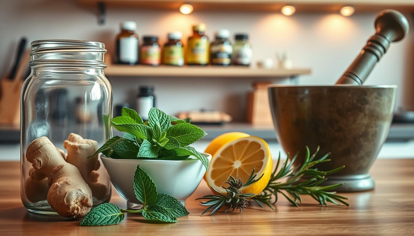 A cozy kitchen counter with various natural remedies for digestive health - a glass jar of ginger root, a bowl of fresh peppermint leaves, a lemon wedge, a sprig of rosemary, and a mortar and pestle. The scene is bathed in warm, vibrant lighting, creating a welcoming, homely atmosphere. In the background, a neatly organized shelf displays other herbal tinctures and supplements. The composition emphasizes the simplicity and accessibility of these natural remedies, inviting the viewer to consider holistic approaches to improving digestion.
