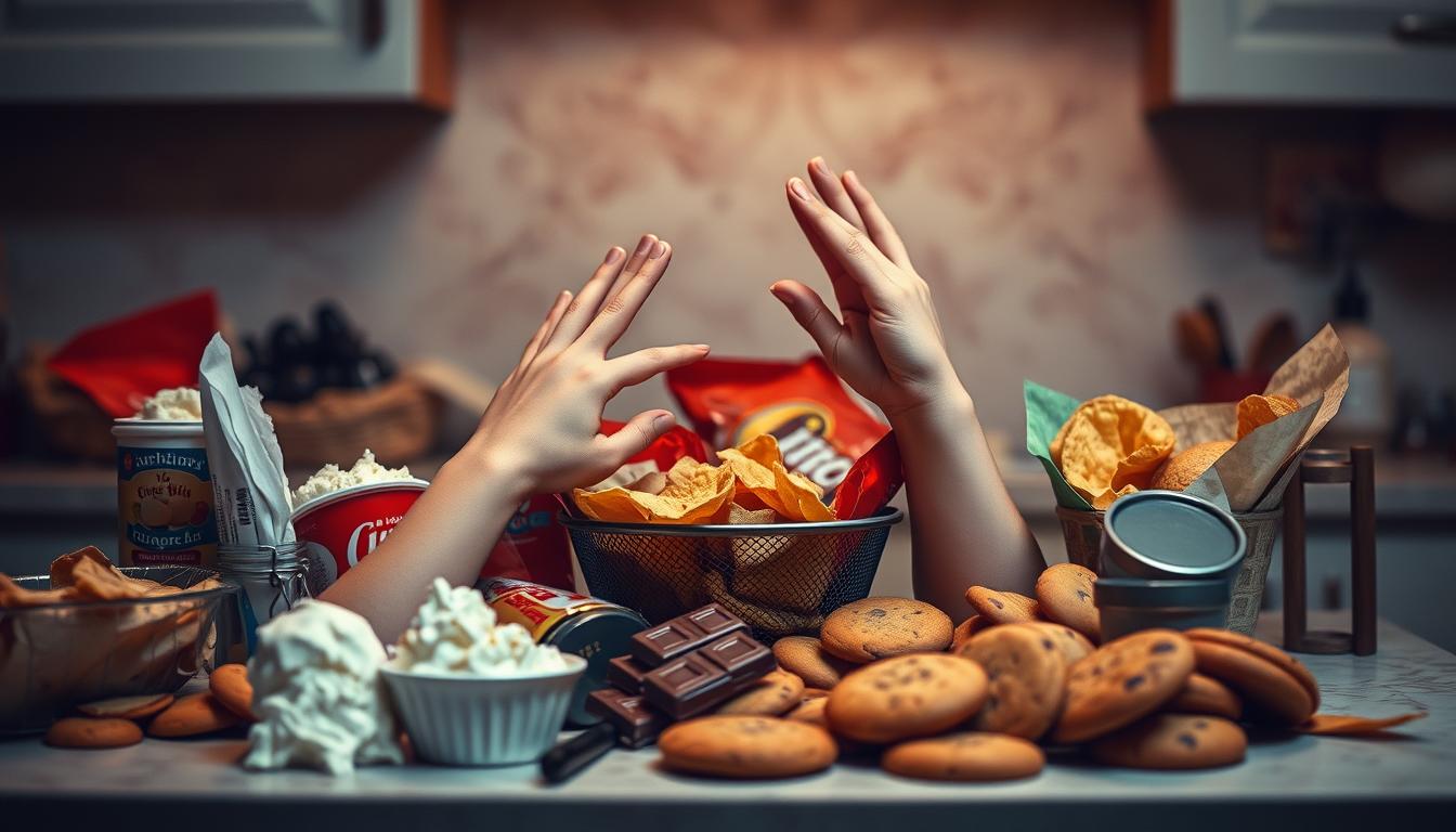 A cozy kitchen countertop, cluttered with a variety of comfort foods - ice cream, chocolate, chips, and cookies. Hands reaching for these items, conveying a sense of emotional distress and the compulsive need to indulge. The background is hazy, with muted colors and a soft, warm lighting, creating a vibrant yet melancholic atmosphere. The image suggests the struggle of emotional eating, the triggers that lead to it, and the need to find healthier coping mechanisms. A cozy kitchen countertop, cluttered with a variety of comfort foods - ice cream, chocolate, chips, and cookies. Hands reaching for these items, conveying a sense of emotional distress and the compulsive need to indulge. The background is hazy, with muted colors and a soft, warm lighting, creating a vibrant yet melancholic atmosphere. The image suggests the struggle of emotional eating, the triggers that lead to it, and the need to find healthier coping mechanisms.