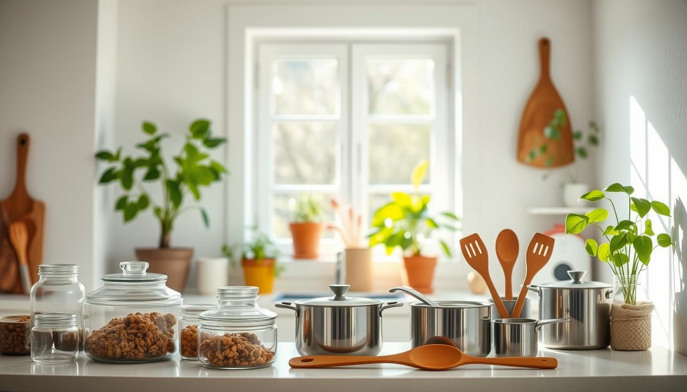 A cozy kitchen filled with natural light, showcasing simple home items that reduce toxins. In the foreground, glass containers, stainless steel cookware, and wooden utensils sit on a clean countertop. Vibrant potted plants and a large window in the middle ground provide a serene, earthy atmosphere. The background features a minimal, white-walled setting, emphasizing the clean, healthy vibe. Soft, diffused lighting casts a warm, inviting glow throughout the scene. The overall composition exudes a sense of simplicity and mindfulness, inspiring viewers to make small, impactful changes in their homes.