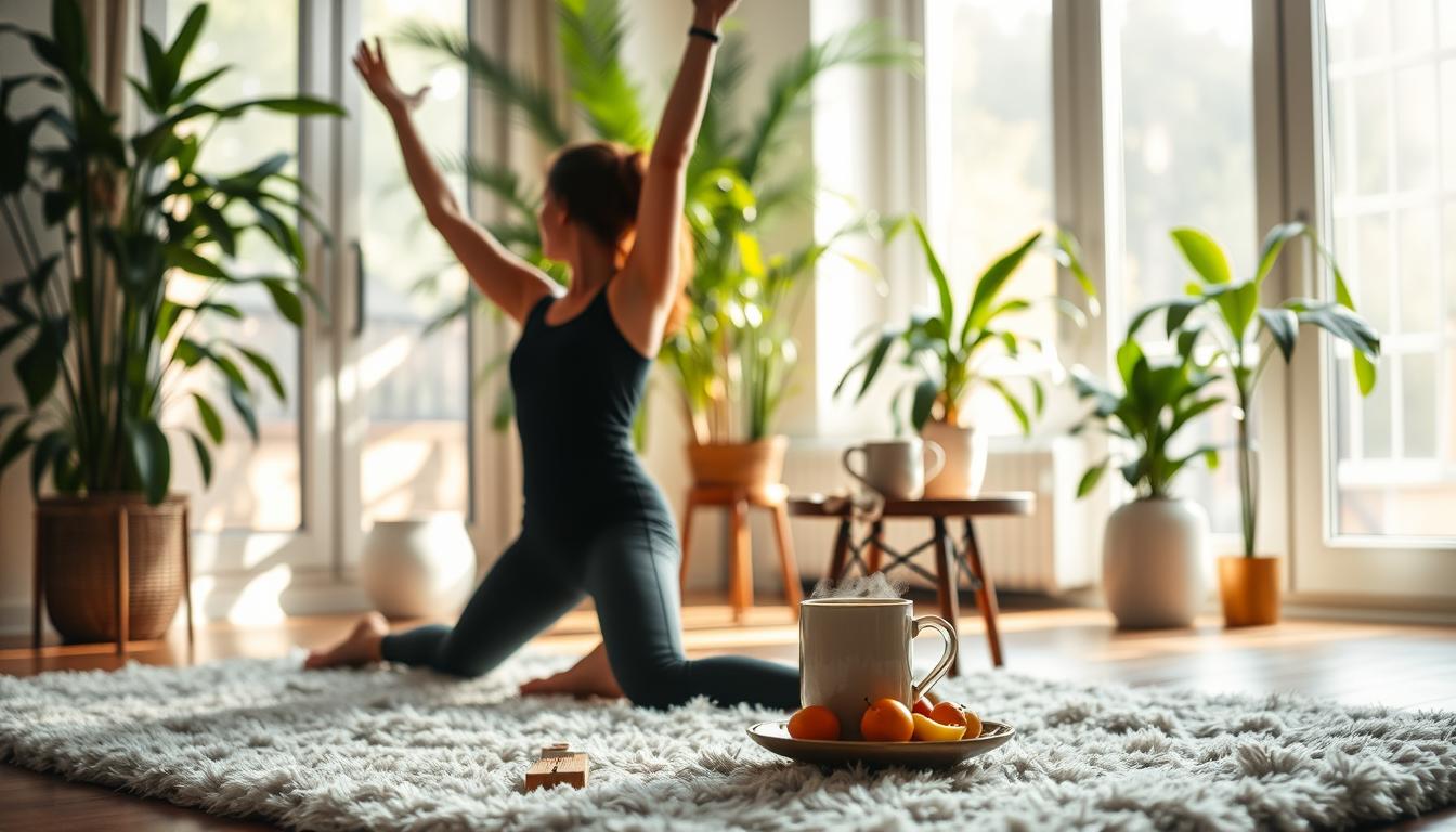 A cozy morning scene with a person performing a series of gentle yoga poses on a plush rug. Soft, natural lighting filters through large windows, casting a warm glow on the scene. In the foreground, the person's silhouette is in focus, their movements fluid and graceful. In the middle ground, a small table holds a steaming mug of herbal tea and a plate of fresh fruit. The background features lush, vibrant greenery from houseplants, creating a serene, rejuvenating atmosphere. The overall mood is one of calm, mindfulness, and a commitment to a healthy morning routine for natural fat burn.