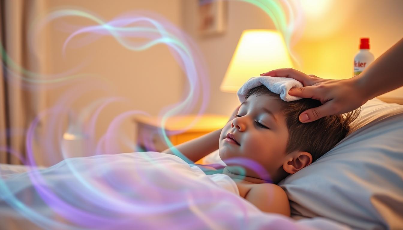A cozy, well-lit bedroom with warm, soothing tones. In the foreground, a young child rests comfortably in bed, with a cool, damp cloth gently placed on their forehead to alleviate their fever. The child's expression is calm and serene, as vibrant, moving colors of blues, greens, and purples swirl around them, creating a sense of tranquility and healing. In the background, a nightstand with a glass of water and a bottle of children's fever reducer, indicating the care and attention being provided. The lighting is soft and diffused, creating a calming, therapeutic atmosphere.