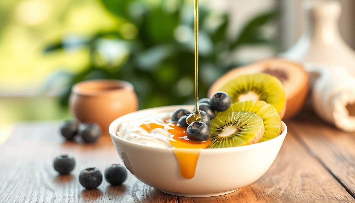 A creamy, full-fat Greek yogurt bowl sits atop a wood table, bathed in warm, vibrant lighting. Sliced kiwi, blueberries, and a drizzle of honey adorn the surface, creating a visually appealing and nutritious breakfast or snack. In the background, a soft, blurred backdrop of greens and neutrals complements the overall soothing, natural aesthetic. The composition emphasizes the probiotic-rich dairy's potential to support healthy weight management, reflecting the article's focus on beneficial fats for fat loss.