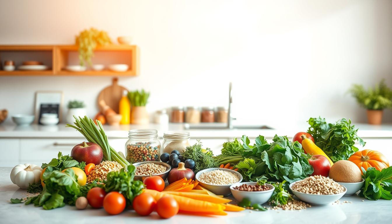 A crisp, minimalist kitchen countertop with an assortment of fresh, organic ingredients laid out in a visually appealing arrangement. In the foreground, a variety of colorful vegetables, grains, and leafy greens stand out against a neutral background. Warm, natural lighting filters in from a nearby window, casting a soft, inviting glow over the scene. The middle ground features neatly organized jars and containers, hinting at a methodical approach to dietary optimization. In the background, a simple, clean-lined backdrop provides a sense of focus and clarity, emphasizing the vibrant, vibrant colors and textures of the ingredients. The overall atmosphere conveys a sense of wellness, balance, and a holistic approach to healthy living.