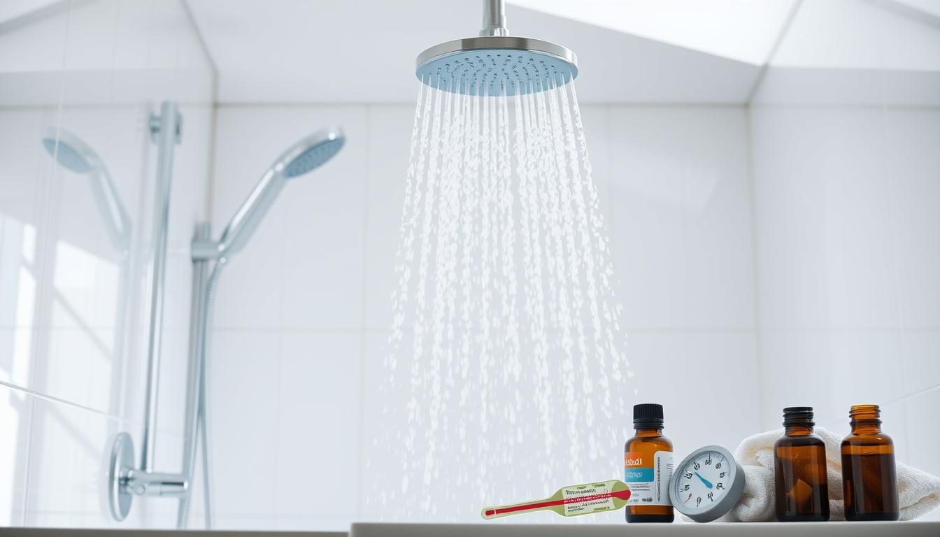 A crisp, minimalist scene with a sleek, modern shower as the focal point. The shower head is positioned at an angle, spraying a gentle cascade of crystal-clear water. The background is a simple, clean-lined bathroom interior, with crisp white tiles and subtle metallic accents. Soft, natural lighting filters in, creating a sense of tranquility and rejuvenation. In the foreground, a variety of wellness-related objects are displayed, including a thermometer, a towel, and a bottle of essential oils, visually debunking the myths surrounding the benefits of cold showers. The overall atmosphere is vibrant, welcoming, and informative, inviting the viewer to rethink their preconceptions about this invigorating self-care practice.