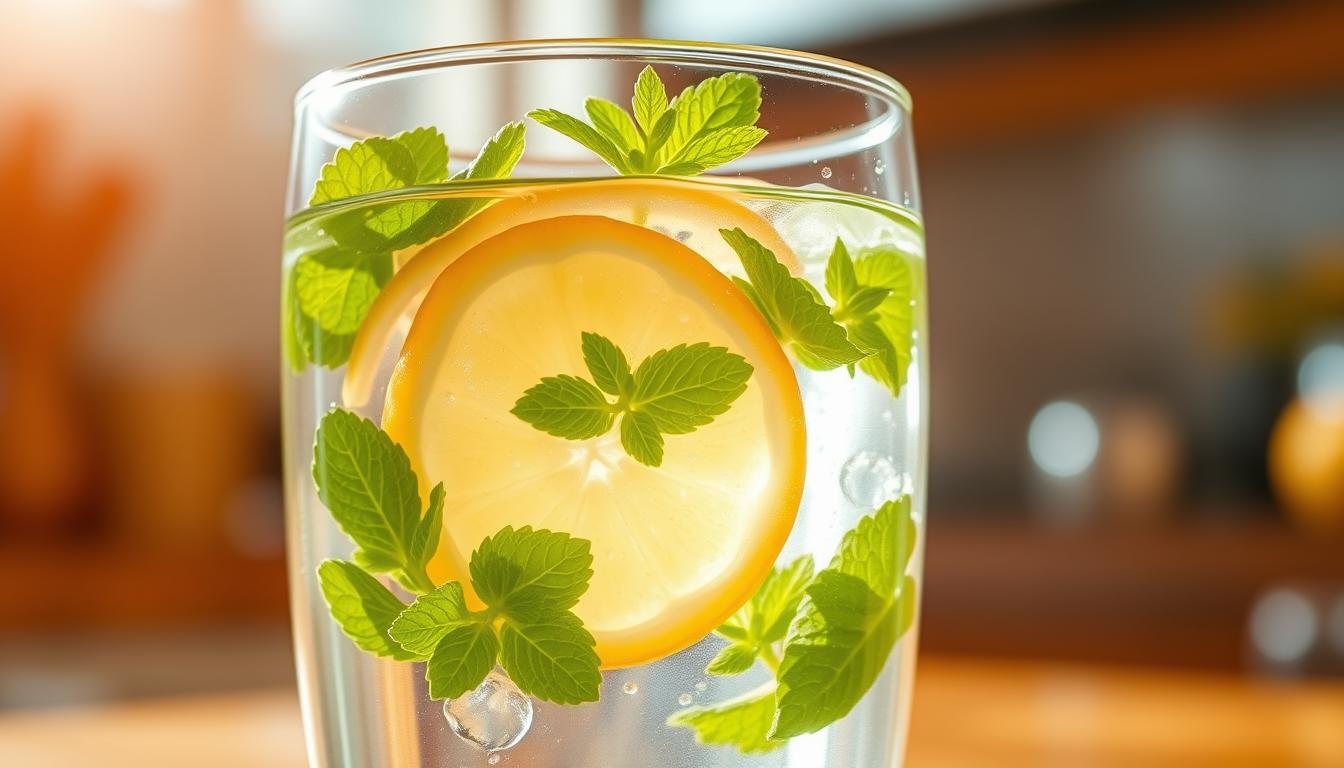 A crystal-clear glass of water, its surface gently rippling, reflects the warm golden light of a sunlit kitchen. Crisp, green leaves of mint and slices of lemon float gracefully, infusing the water with their refreshing aromas. The image evokes a sense of vibrant vitality, symbolizing the critical role of hydration in the body's natural fat-burning processes. The light illuminates the glass, creating a sense of transparency and clarity, mirroring the clarity of thought and purpose in unlocking the best natural fat-burning strategies.