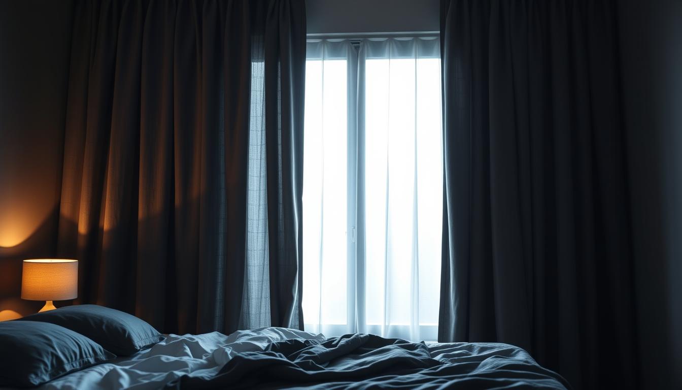 A dark, cozy bedroom with heavy, textured blackout curtains framing a large window. The curtains are a deep charcoal gray, billowing softly as a gentle breeze passes through the room. Soft, warm lighting from a bedside lamp casts a tranquil glow, creating a serene and inviting atmosphere. The curtains block out all outside light, ensuring a peaceful, restful environment for a vibrant night's sleep.