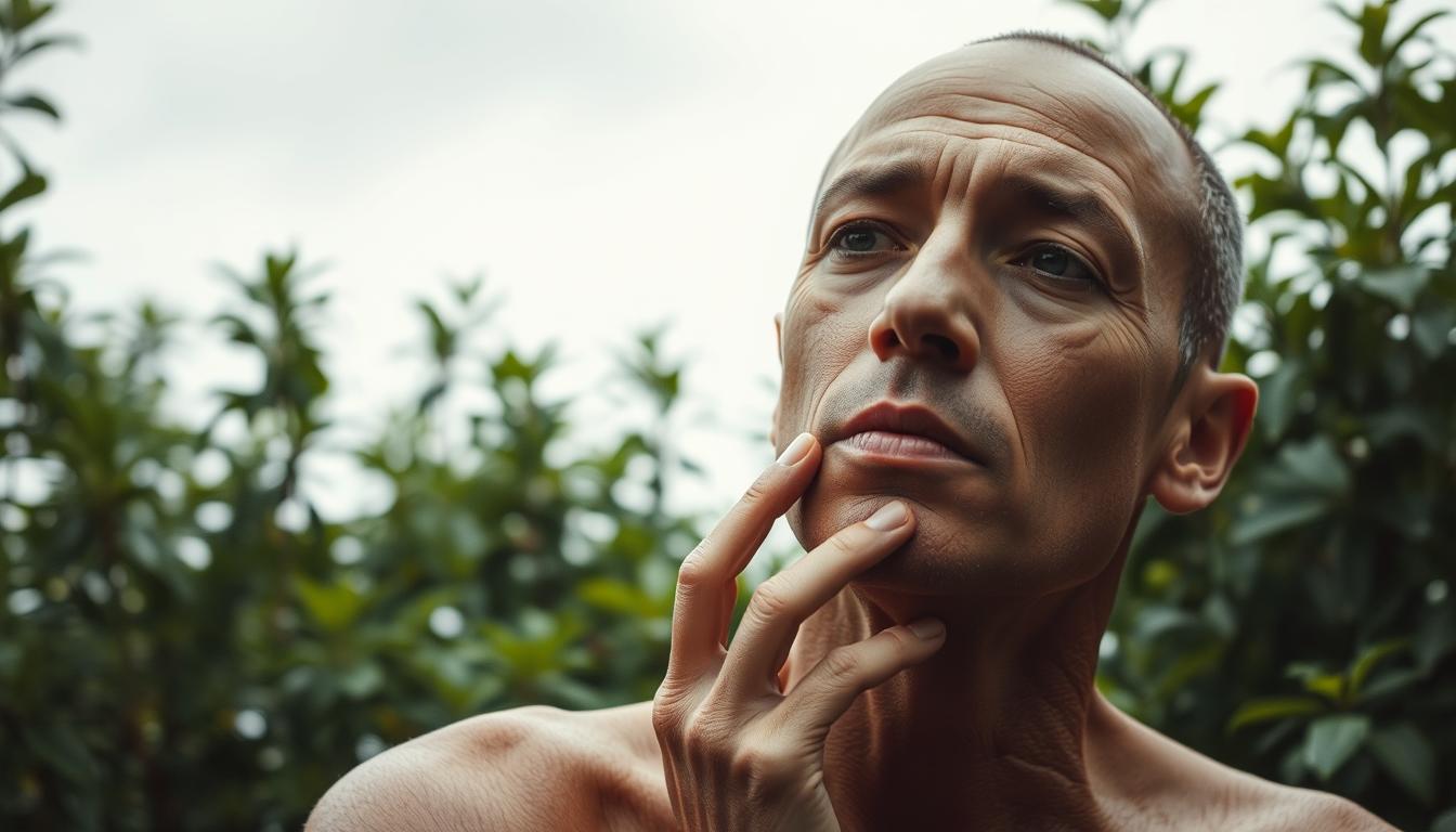 A dehydrated human figure in a serene, natural setting. Skin appears slightly parched, with subtle wrinkles and discoloration. Hands and lips show signs of dryness. Muted, earthy tones create a sense of fatigue. Diffused natural lighting from an overcast sky casts a gentle glow, highlighting the subject's need for hydration. Vibrant green foliage in the background provides a calming, lush contrast. A minimalist, contemplative composition that visually conveys the article's message about the body's subtle dehydration signs.