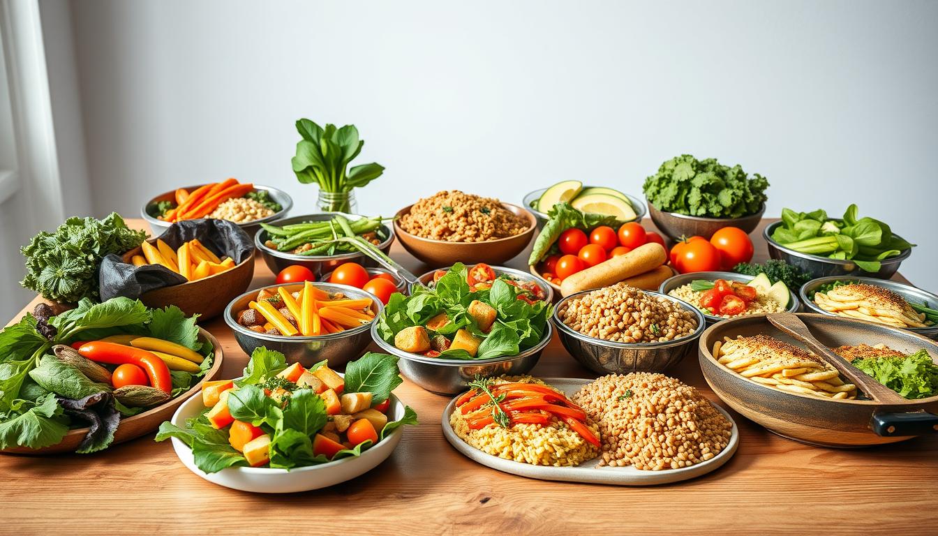 A delectable spread of healthy, visually-appealing meals arranged on a wooden table, illuminated by soft, natural lighting. In the foreground, a variety of fresh, colorful ingredients - leafy greens, vibrant vegetables, lean proteins, and whole grains - are carefully assembled into a cohesive 7-day meal plan. The middle ground features neatly portioned meals, each one a masterful combination of flavors and textures, designed to fuel rapid fat loss. In the background, a clean, minimalist backdrop lets the food take center stage, conveying a sense of simplicity and efficiency. The overall scene exudes a vibrant, appetizing atmosphere, inspiring the viewer to adopt this science-backed, easy-to-follow 7-day fat loss meal plan.