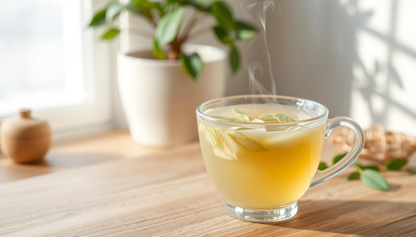 A delicate cup of white tea, its steam gently curling, resting on a wooden surface. Soft natural lighting illuminates the tea's pale, translucent leaves, highlighting their intricate texture. The background features a serene, minimalist scene, with a potted plant and a few simple botanical elements, evoking a sense of wellness and natural health benefits. The overall atmosphere is calming, inviting the viewer to pause and savor the vibrant, rejuvenating properties of this delicate and effective herbal infusion.