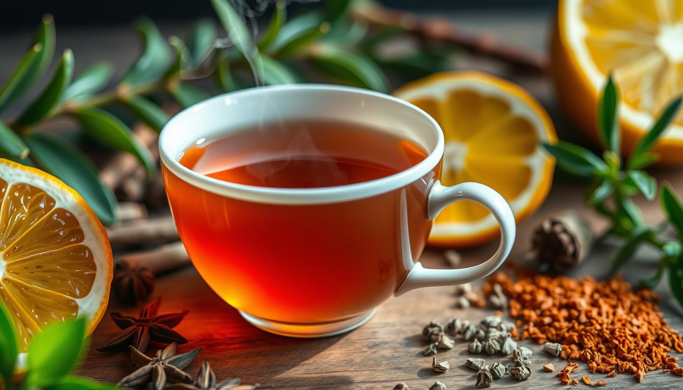 A delicate porcelain teacup filled with steaming oolong tea, its amber liquid catching the soft, warm light. Surrounding the cup, a carefully arranged still life of aromatic spices, fresh citrus slices, and a sprinkle of crushed dried herbs. The scene is bathed in a vibrant, natural palette, creating a sense of vitality and health. The composition is balanced, with the teacup as the focal point, conveying the calming, restorative essence of this ancient beverage. Captured with a sharp, close-up lens to emphasize the intricate details and textures, the image exudes an air of tranquility and the promise of metabolic benefits.