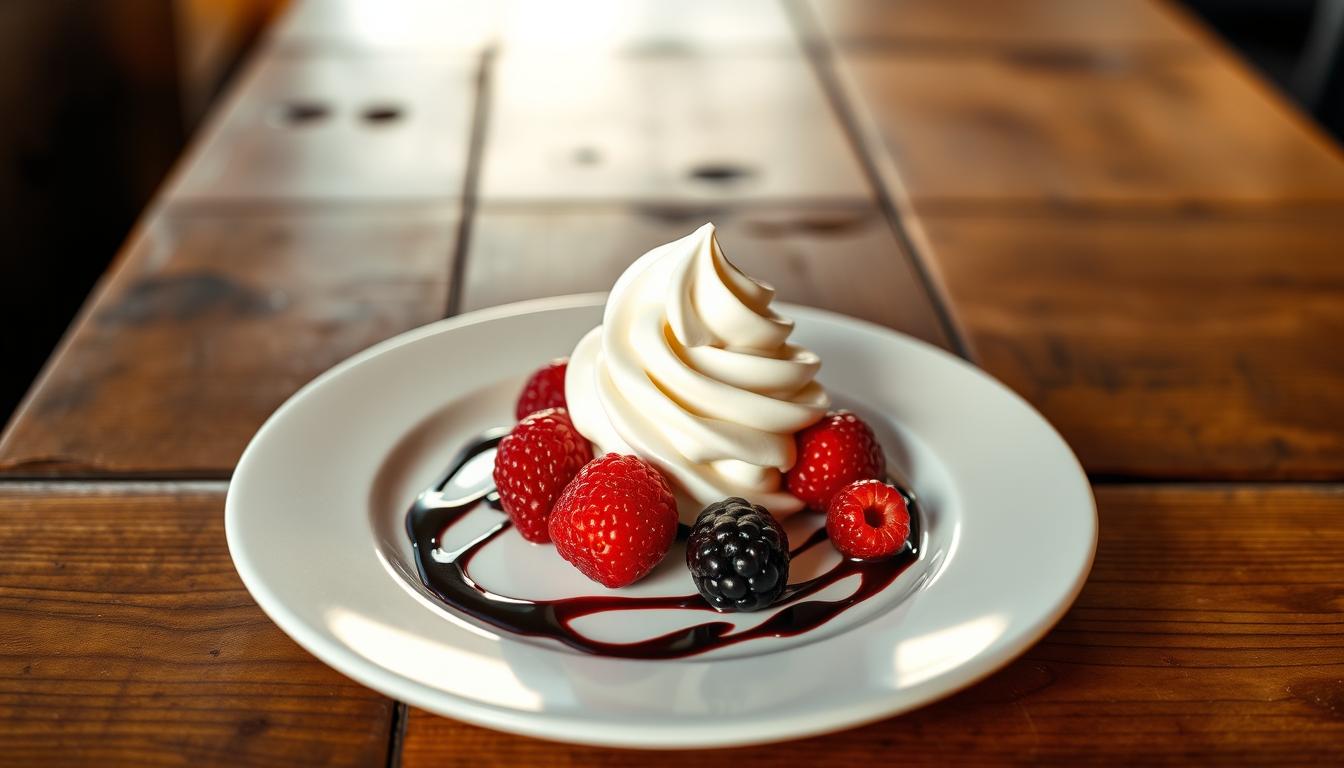 A delicately arranged dessert plate sits on a rustic wooden table, bathed in soft, warm lighting. The plate features a flourish of carefully piped whipped cream, punctuated by vibrant berries and a drizzle of dark chocolate sauce. The presentation is both visually stunning and inviting, showcasing the chef's mastery of plating techniques. The overall mood is one of elegant simplicity, highlighting the high-quality, low-carb ingredients within. A wide-angle lens captures the scene, emphasizing the plate's prominence and the thoughtful composition surrounding it.