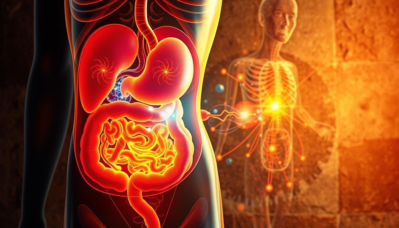 A detailed anatomical cross-section depicting the intricate processes of metabolism and weight loss. In the vibrant foreground, a schematic representation of the digestive system, with key organs and metabolic pathways illuminated. The middle ground showcases the complex interplay of hormones, enzymes, and cellular mechanisms that regulate energy balance. In the richly textured background, a visualization of the body's energy expenditure, illustrating the delicate balance between caloric intake and caloric burn. Rendered in a captivating, scientific illustration style with a blend of realism and abstract elements, the image conveys the dynamic and multifaceted nature of the metabolism and weight loss. A detailed anatomical cross-section depicting the intricate processes of metabolism and weight loss. In the vibrant foreground, a schematic representation of the digestive system, with key organs and metabolic pathways illuminated. The middle ground showcases the complex interplay of hormones, enzymes, and cellular mechanisms that regulate energy balance. In the richly textured background, a visualization of the body's energy expenditure, illustrating the delicate balance between caloric intake and caloric burn. Rendered in a captivating, scientific illustration style with a blend of realism and abstract elements, the image conveys the dynamic and multifaceted nature of the metabolism and weight loss.