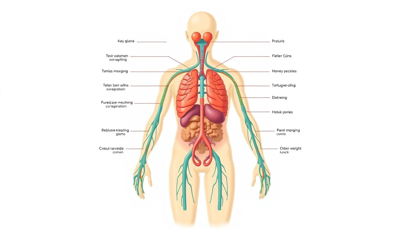 A detailed anatomical diagram of the human endocrine system, showcasing the key hormones and their roles in regulating weight management. Crisp, vibrant colors bring the illustration to life, with a clean, minimalist background allowing the subject to take center stage. The composition features a balanced, symmetrical layout, highlighting the interconnected nature of the various glands and hormones. Precise, technical rendering conveys a sense of scientific authority, while the overall aesthetics create an engaging, educational visual aid.