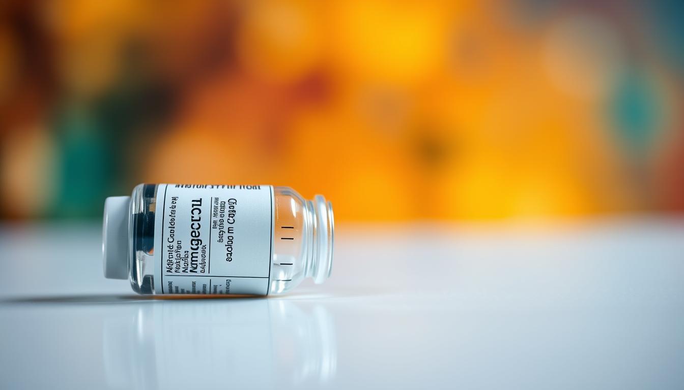 A detailed close-up of a vaccine ampule or vial, resting on a clean white surface. The lighting is soft and even, accentuating the transparent glass and the graduated markings along the side, indicating precise dosage measurements. The label on the vial is clear and legible, showcasing the vaccine name and manufacturer information. In the background, a blurred yet vibrant palette of complementary colors, creating a sense of depth and a visually striking, epic atmosphere.