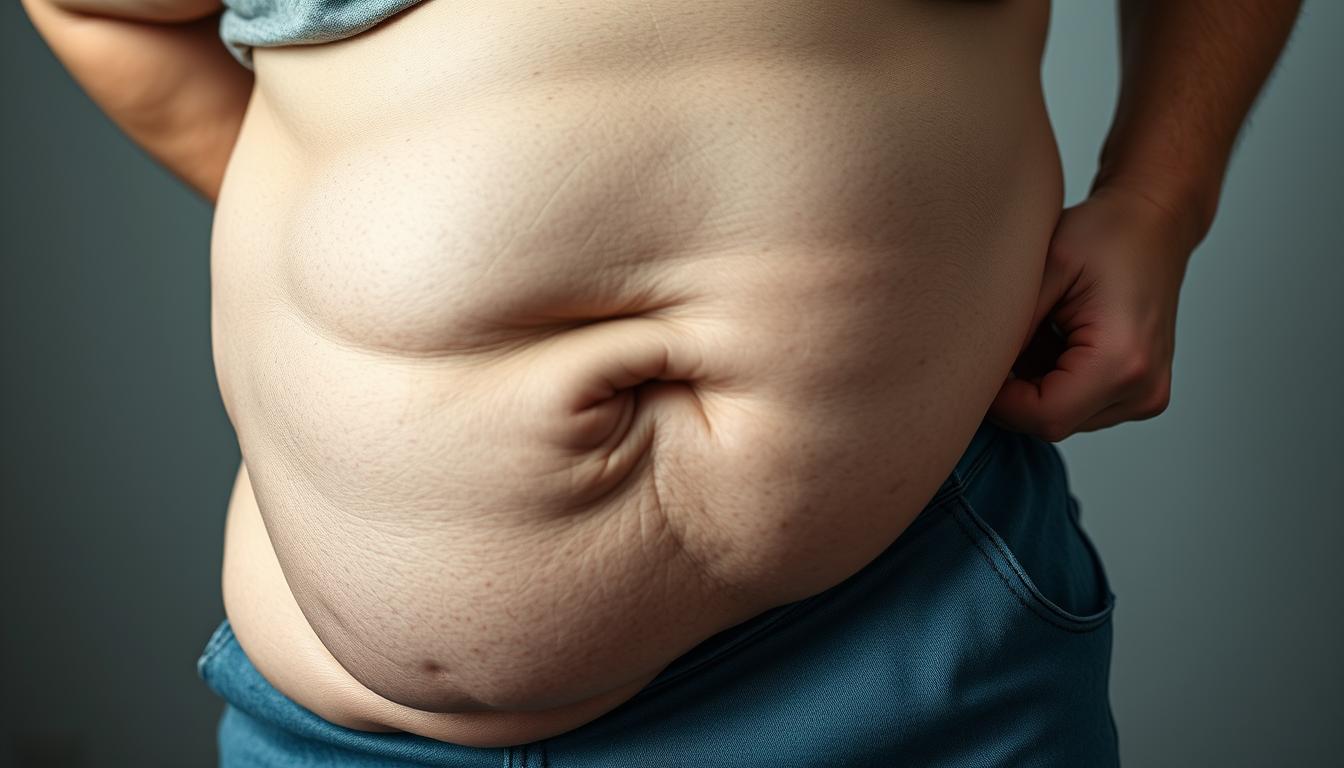 A detailed close-up shot of a person's torso, with visible signs of a slow metabolism. The foreground depicts a bloated abdomen, puffy face, and dry, dull skin. The middle ground shows a person struggling to fasten their pants, highlighting the difficulty of weight loss. The background is a muted, vibrant color palette, creating a sense of tension and unease. Soft, natural lighting from the left side casts gentle shadows, emphasizing the textural details. The overall mood is one of concern and the need for a solution to the slow metabolism symptoms. A detailed close-up shot of a person's torso, with visible signs of a slow metabolism. The foreground depicts a bloated abdomen, puffy face, and dry, dull skin. The middle ground shows a person struggling to fasten their pants, highlighting the difficulty of weight loss. The background is a muted, vibrant color palette, creating a sense of tension and unease. Soft, natural lighting from the left side casts gentle shadows, emphasizing the textural details. The overall mood is one of concern and the need for a solution to the slow metabolism symptoms.