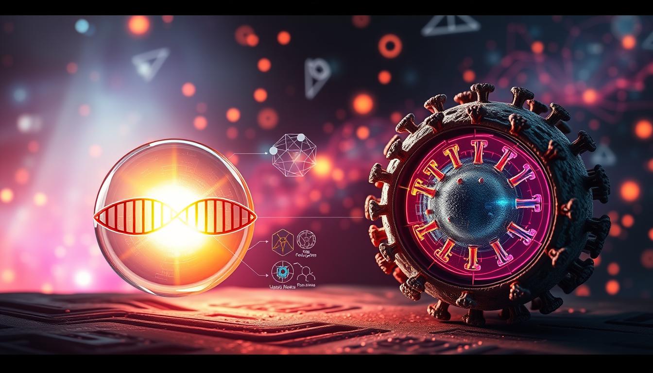 A detailed cross-section comparison of an mRNA vaccine and a viral vector vaccine, showcased against a vibrant, epic backdrop. In the foreground, the mRNA vaccine is represented by a glowing, translucent spherical structure encapsulating the genetic instructions, while the viral vector vaccine is depicted as a rugged, angular capsid housing the payload. The middle ground features intricate, colorful diagrams illustrating the mechanisms of action for each vaccine type. In the background, a dynamic, swirling field of charged particles and geometric shapes creates a sense of technological sophistication and scientific complexity. Dramatic lighting and a cinematic camera angle heighten the visual impact, inviting the viewer to explore the nuanced differences between these two cutting-edge vaccine technologies.