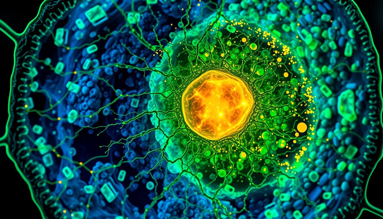 A detailed cross-section of a healthy human cell, showcasing the intricate network of mitochondria, the powerhouses that drive cellular energy production. Vibrant shades of green and blue illuminate the mitochondrial structures, with a warm, golden glow radiating from the central nucleus. The image is captured through a high-resolution microscopic lens, providing a crisp, detailed view of the cellular organelles. The overall composition conveys a sense of balance, highlighting the vital role mitochondria play in maintaining cellular health and vitality.